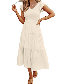 Skye Midi Dress for Women – V-Neck, Smocked, Flounced Sleeves & Pockets