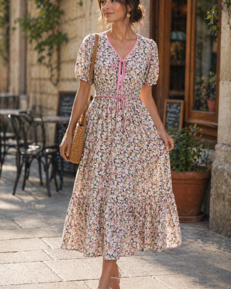 Tasha Midi Dress for Women – V-Neck, Smocked Waist & Elegant A-Line Summer Cut
