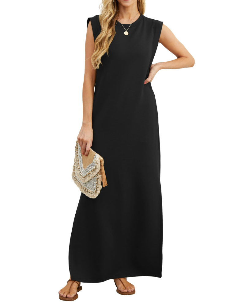 Erin Maxi Dress for Women Summer – Sleeveless Round Neck with Slit & Pockets