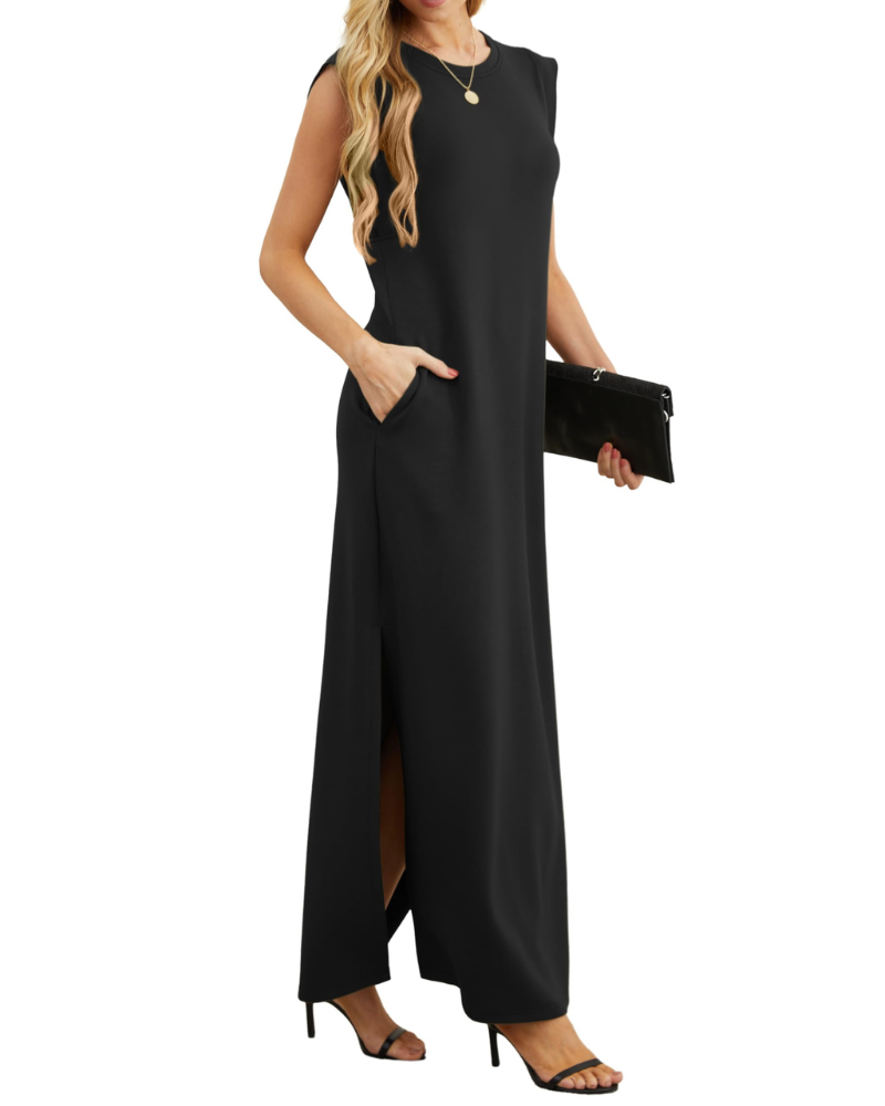 Erin Maxi Dress for Women Summer – Sleeveless Round Neck with Slit & Pockets