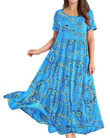 Rina Maxi Dress for Women – Bohemian Floral Cotton Dress with Round Neck & Pockets Summer