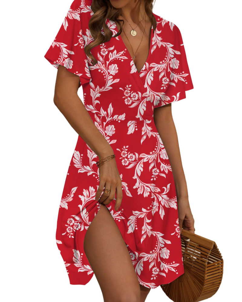 Faith Midi Summer Dress for Women – Wrap V-Neck with Ruffled Sleeves