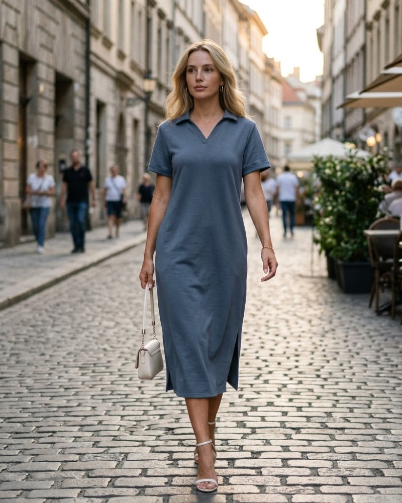 Claire Maxi Polo Dress for Women – Elegant Wrinkle-Free Dress with Pockets, Comfortable Summer Wear