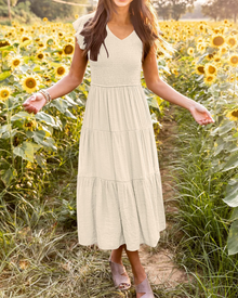 Skye Midi Dress for Women – V-Neck, Smocked, Flounced Sleeves & Pockets