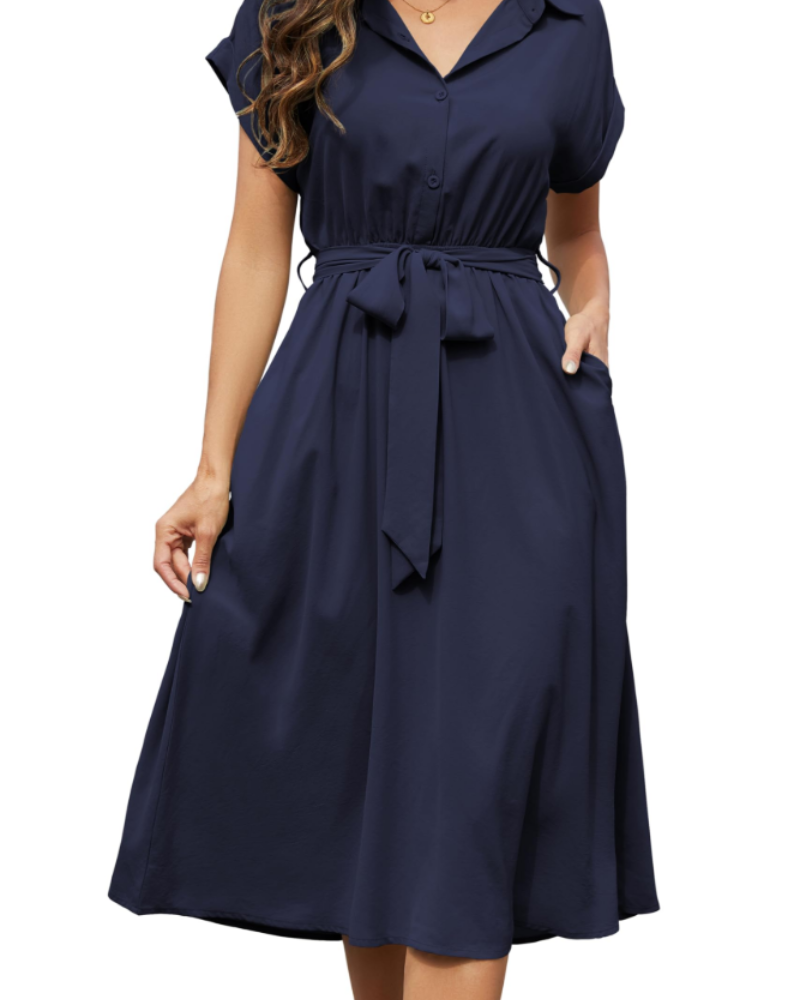Cassidy Women's Dress – Midi V-Neck A-Line Dress with Short Sleeves & Pockets Summer