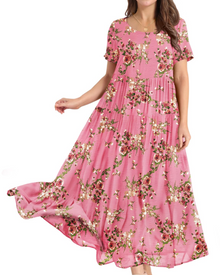 Rina Maxi Dress for Women – Bohemian Floral Cotton Dress with Round Neck & Pockets Summer