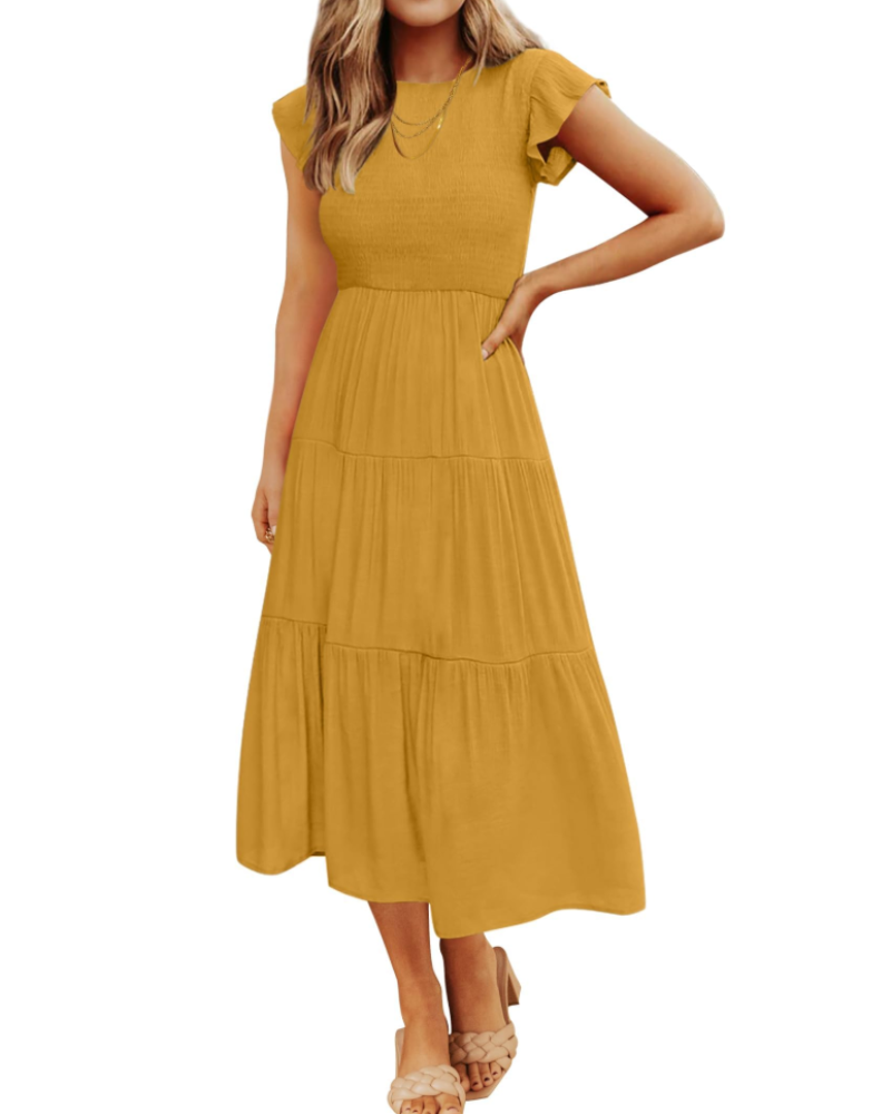 Gemma Midi Dress for Women Summer – Smocked Waist Flounced Sleeves