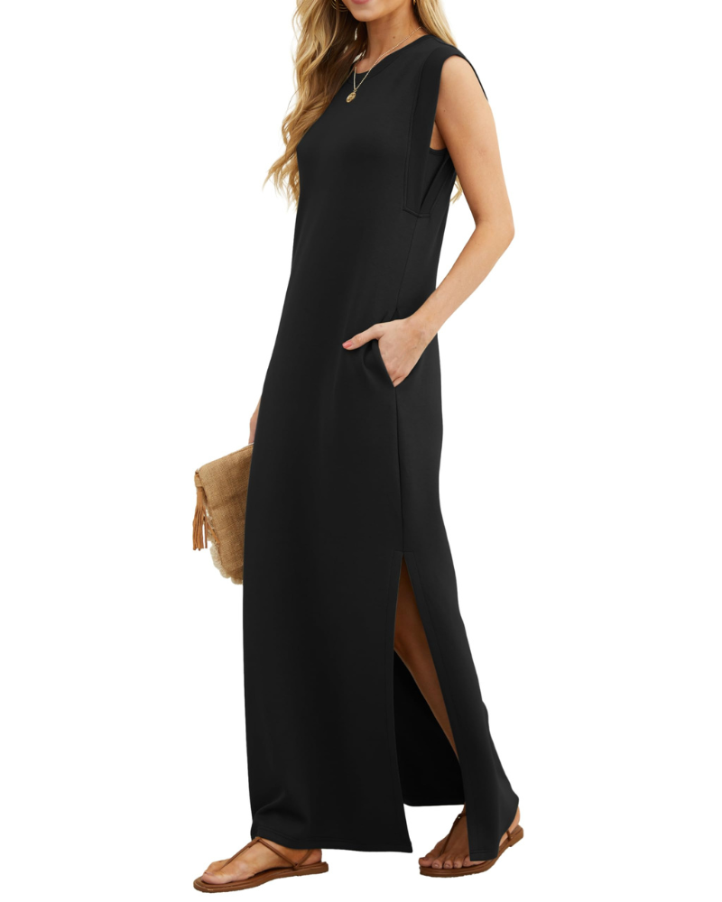 Erin Maxi Dress for Women Summer – Sleeveless Round Neck with Slit & Pockets