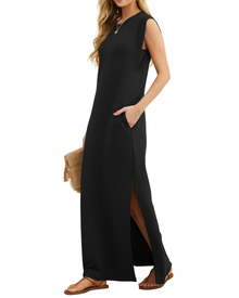 Erin Maxi Dress for Women Summer – Sleeveless Round Neck with Slit & Pockets