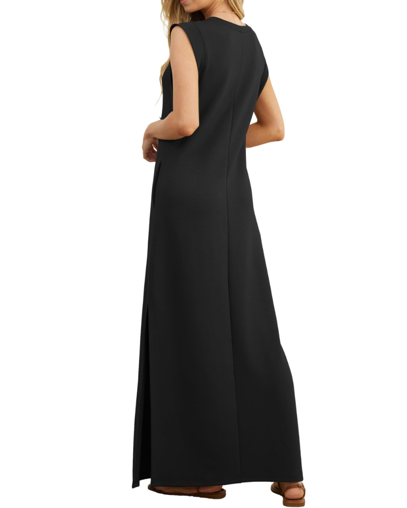 Erin Maxi Dress for Women Summer – Sleeveless Round Neck with Slit & Pockets