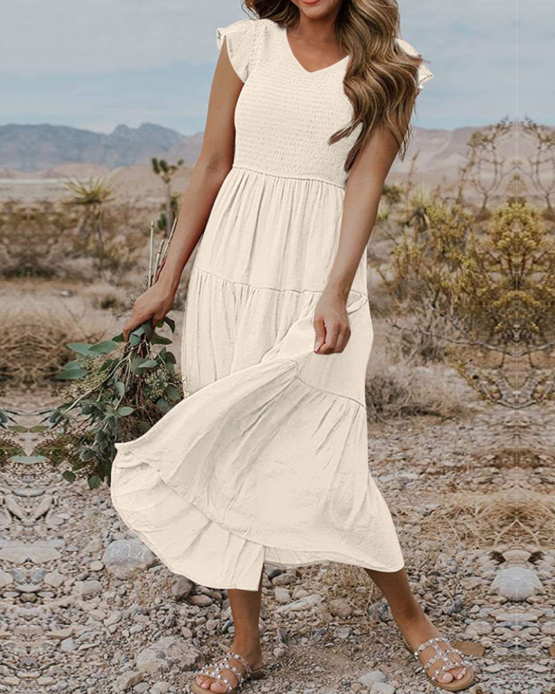 Skye Midi Dress for Women – V-Neck, Smocked, Flounced Sleeves & Pockets