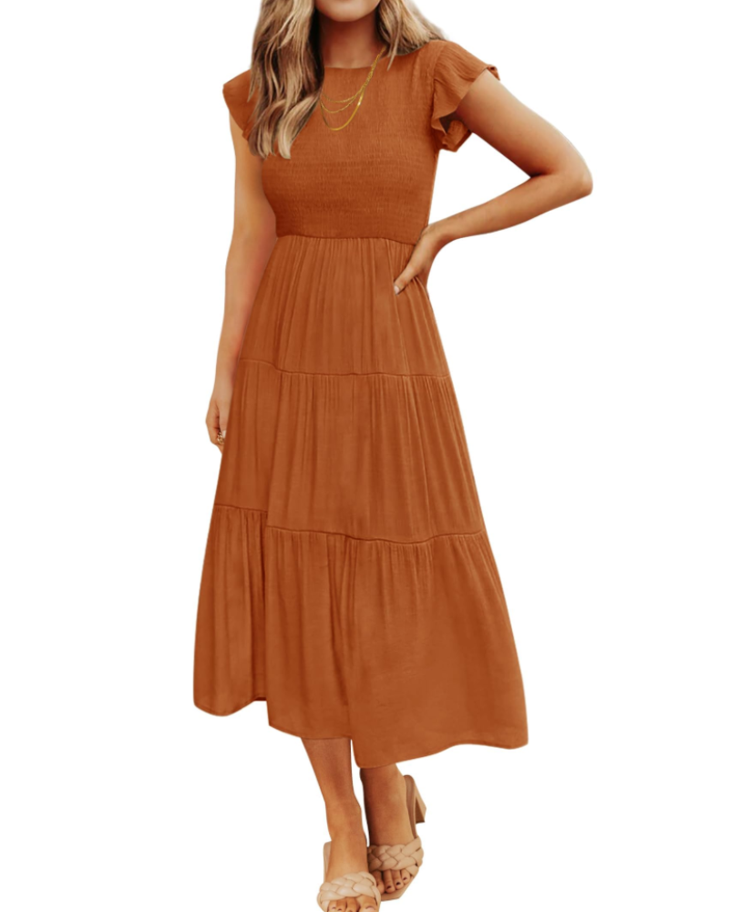 Gemma Midi Dress for Women Summer – Smocked Waist Flounced Sleeves