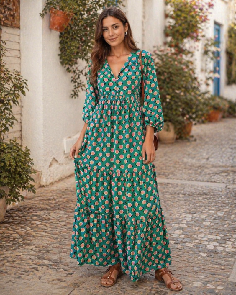Rina Women's Boho Dress – Floral Print, V-Neck & Flowing Puff Sleeves Summer