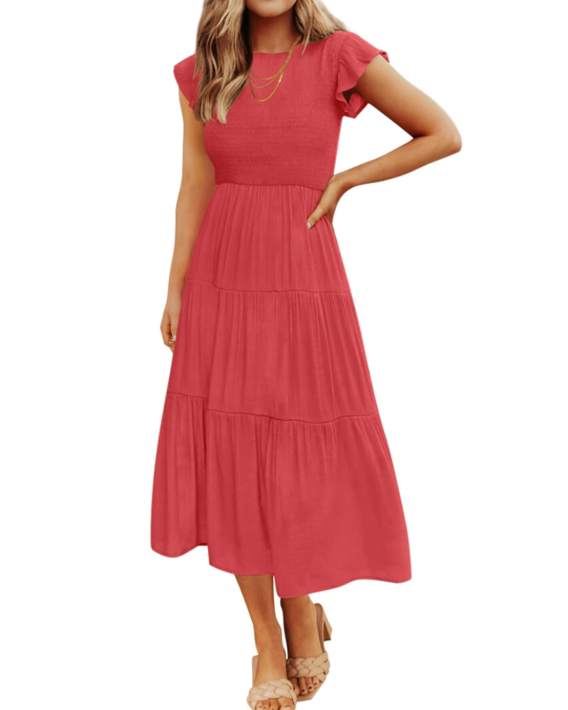 Gemma Midi Dress for Women Summer – Smocked Waist Flounced Sleeves