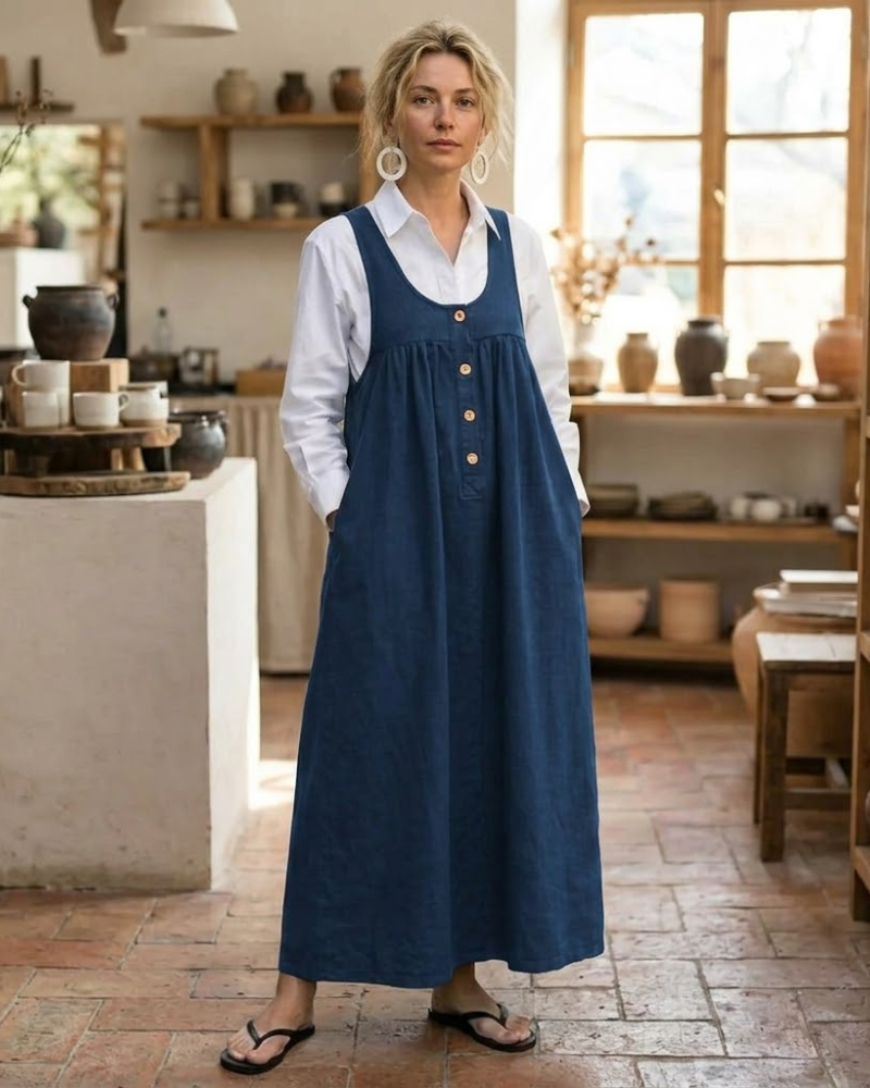 Clémence Long Denim Overalls Dress – Vintage Pinafore Dress with Adjustable Straps