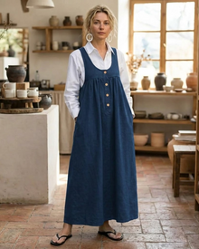 Clémence Long Denim Overalls Dress – Vintage Pinafore Dress with Adjustable Straps