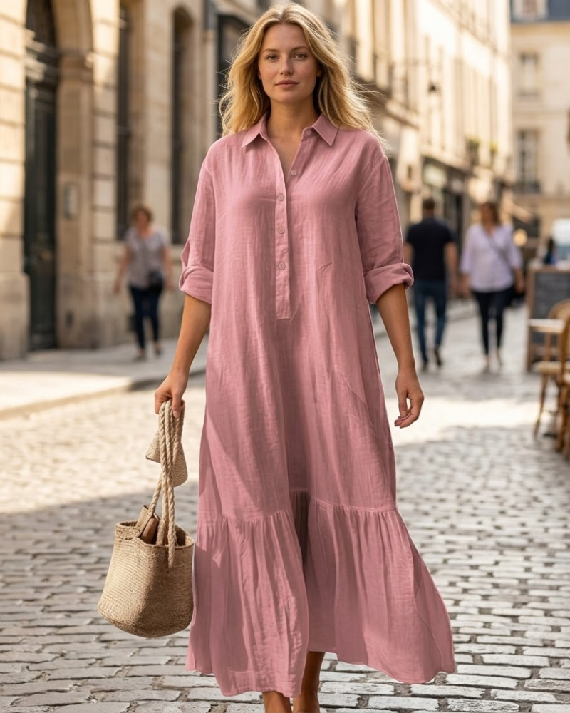 Élina Long Cotton and Linen Dress for Women – Loose Shirt Dress with Asymmetric Hem