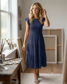 Louise Midi Dress for Women – Summer Smocked Dress with Flounce Sleeves, Elegant A-Line Cut