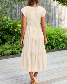 Skye Midi Dress for Women – V-Neck, Smocked, Flounced Sleeves & Pockets
