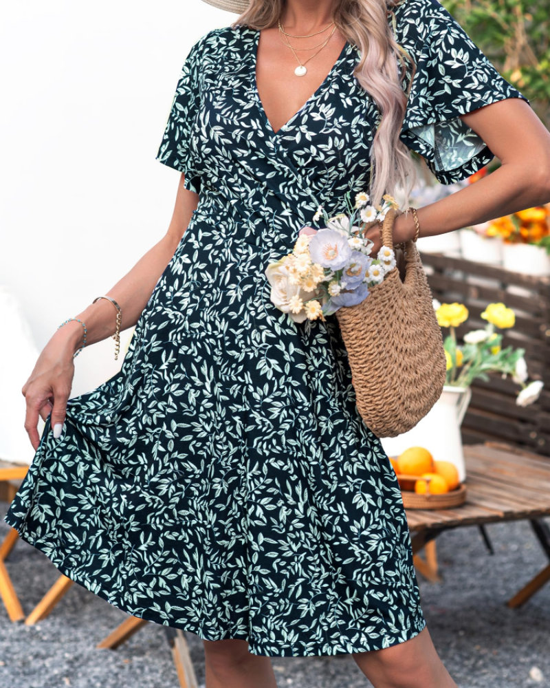 Faith Midi Summer Dress for Women – Wrap V-Neck with Ruffled Sleeves