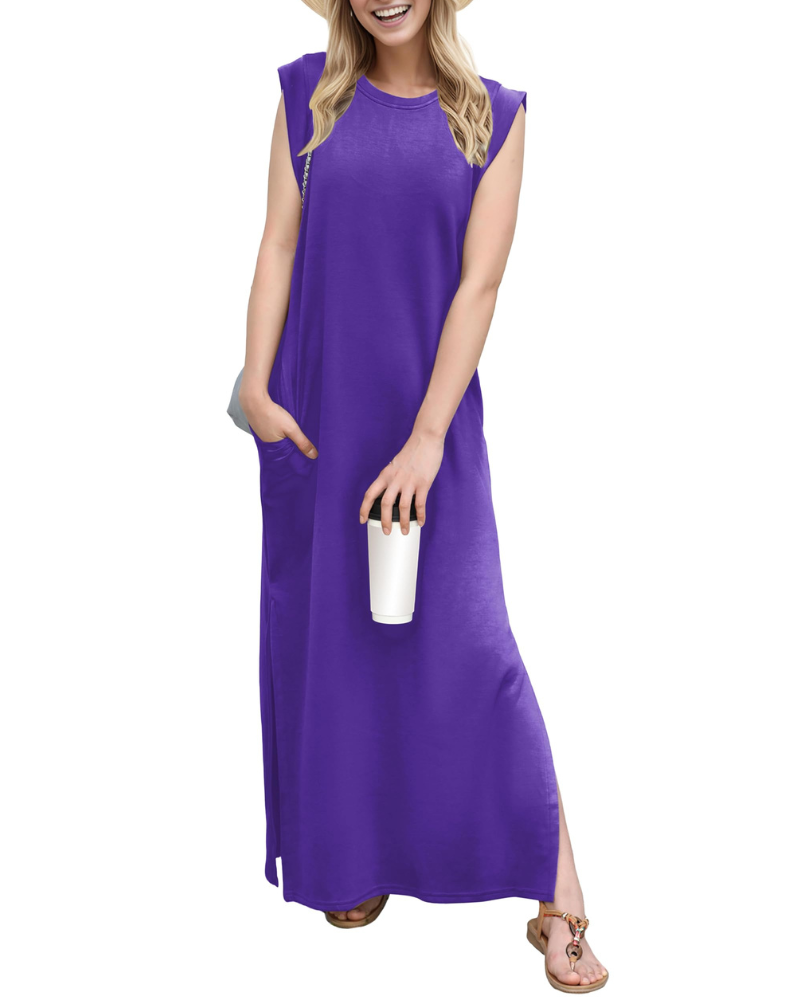 Erin Maxi Dress for Women Summer – Sleeveless Round Neck with Slit & Pockets