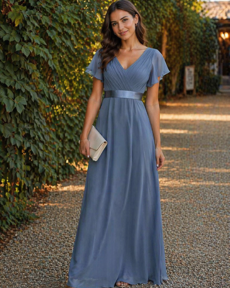 Skye Long Women's Dress – Chiffon, V-Neck & Elegant Empire Waist Evening