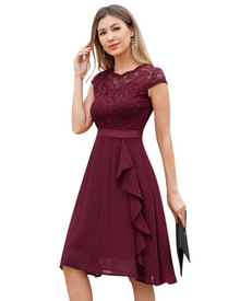 Roxy Women's Cocktail Dress – Elegant Midi Lace Chiffon Ruffled Dress