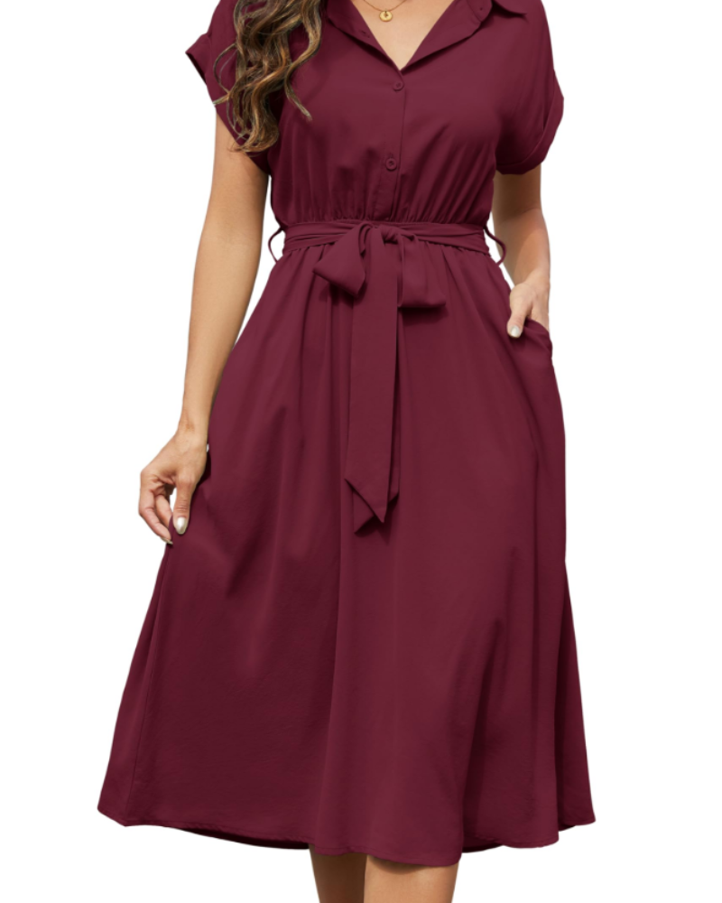 Cassidy Women's Dress – Midi V-Neck A-Line Dress with Short Sleeves & Pockets Summer