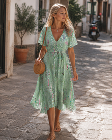 Cristina Women's Midi Floral Dress – V-Neck Wrap, Belted Waist, Chiffon