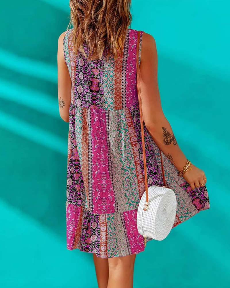 Luna Women's Mini Floral Dress – V-Neck, Sleeveless, Bohemian A-Line Summer Cut