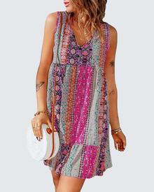 Luna Women's Mini Floral Dress – V-Neck, Sleeveless, Bohemian A-Line Summer Cut