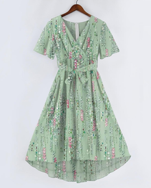 Cristina Women's Midi Floral Dress – V-Neck Wrap, Belted Waist, Chiffon