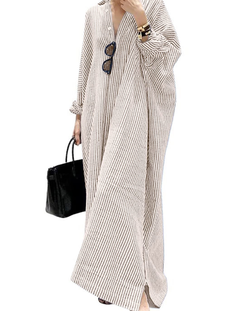 Lara Maxi Dress Chemise for Women – Striped Cotton Long Sleeves Buttoned