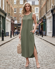 Anna Maxi Dress for Women – Sleeveless Long Dress with Slits and Pockets, Casual Summer