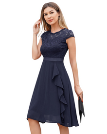 Roxy Women's Cocktail Dress – Elegant Midi Lace Chiffon Ruffled Dress