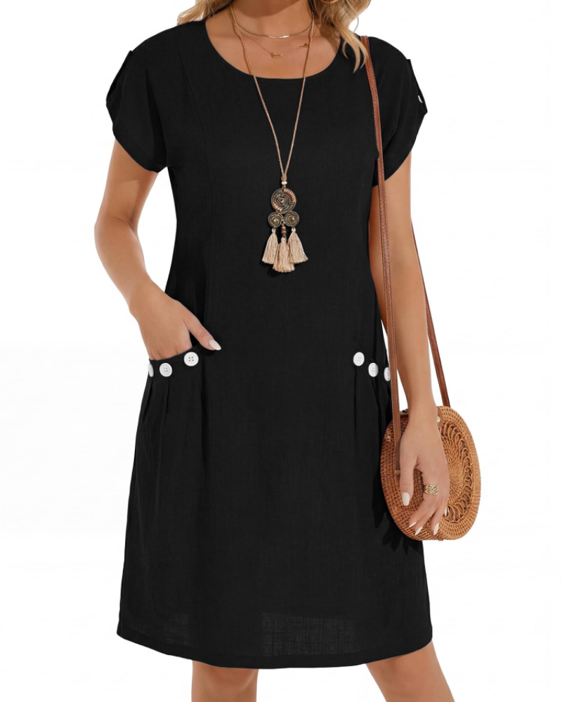 Joyce Women's Dress – Midi A-Line Dress with Round Neck and Pockets, Casual Summer
