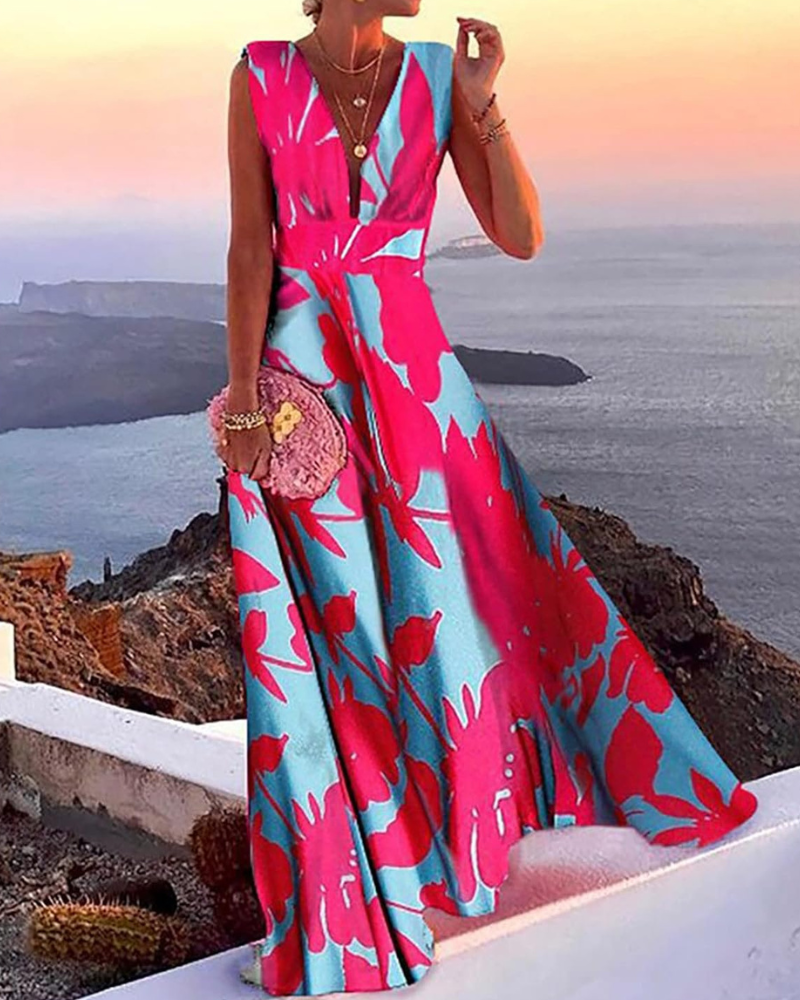 Juanna Printed Women's Dress – V-Neck, Sleeveless, High Waist, Flowing Fit
