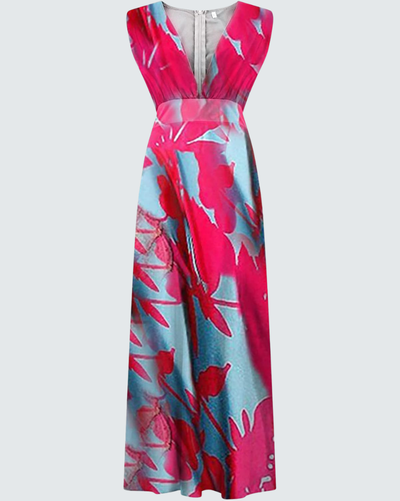 Juanna Printed Women's Dress – V-Neck, Sleeveless, High Waist, Flowing Fit