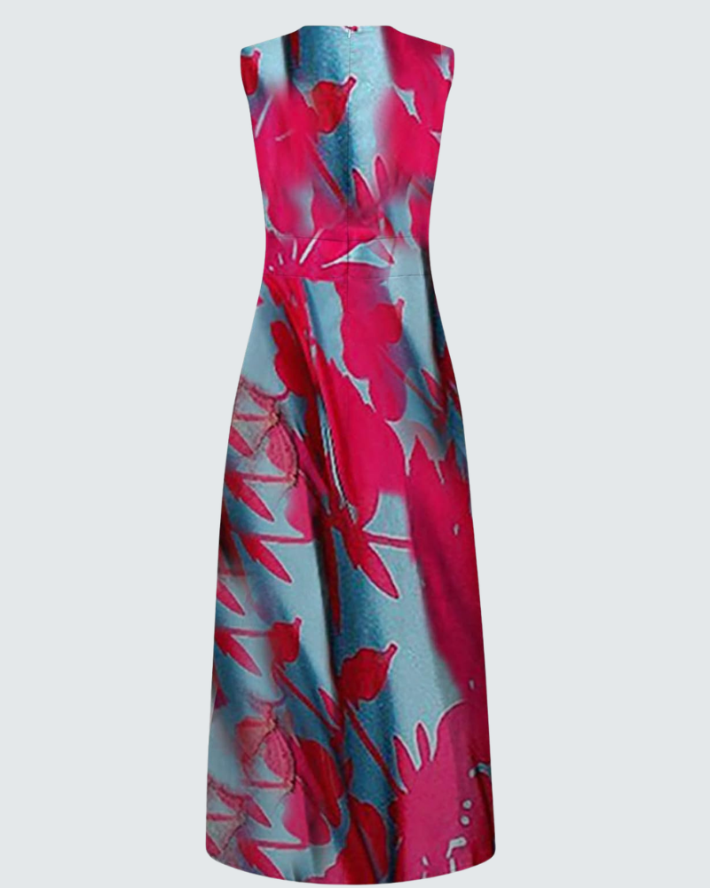 Juanna Printed Women's Dress – V-Neck, Sleeveless, High Waist, Flowing Fit