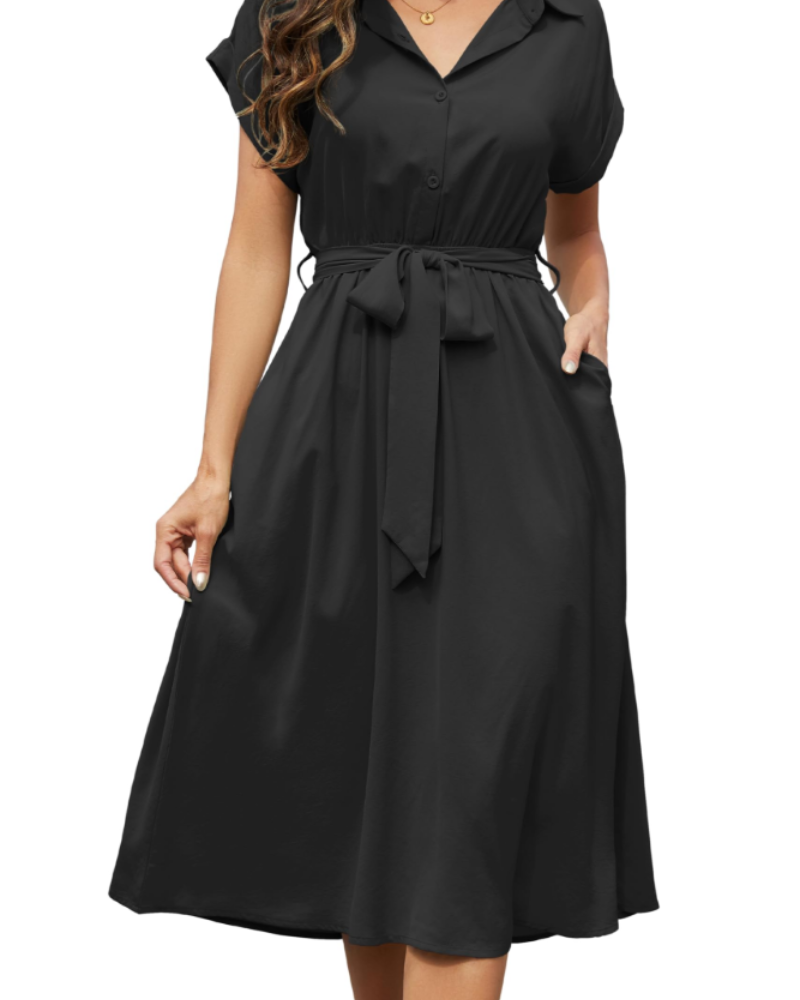 Cassidy Women's Dress – Midi V-Neck A-Line Dress with Short Sleeves & Pockets Summer