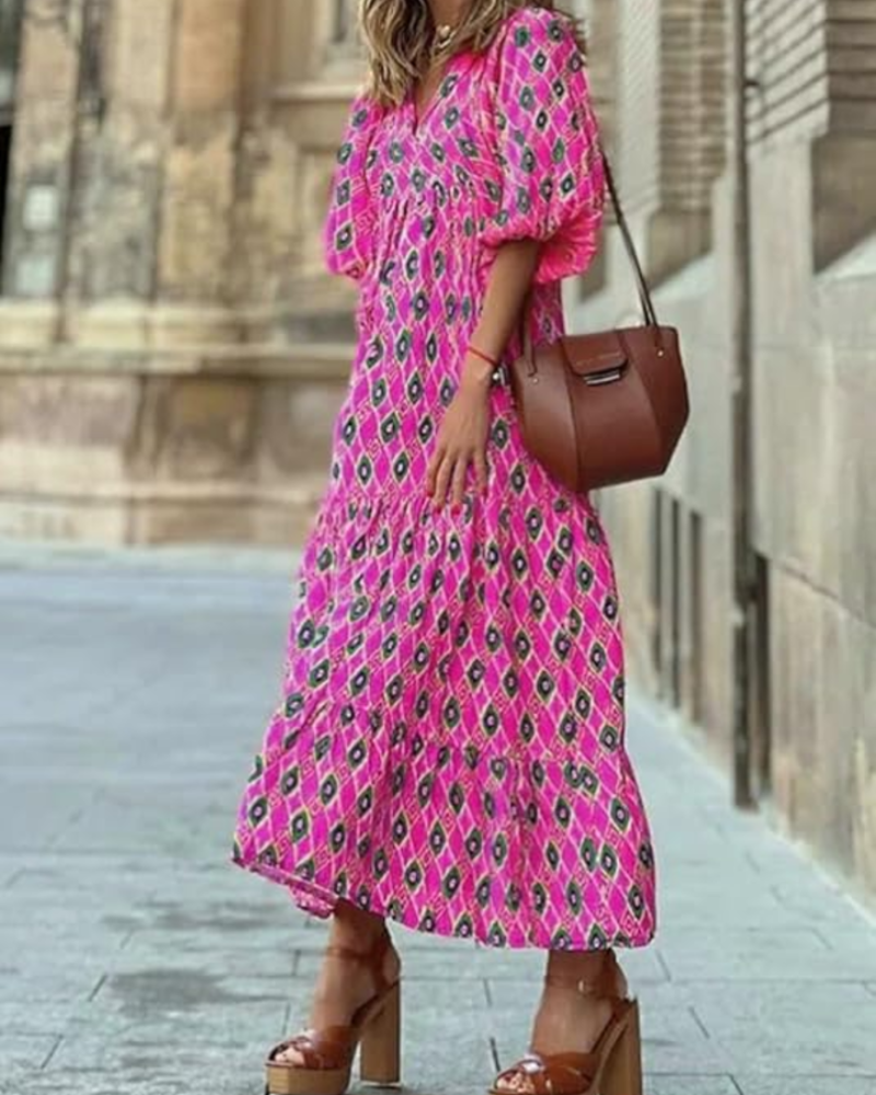 Rina Women's Boho Dress – Floral Print, V-Neck & Flowing Puff Sleeves Summer