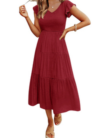 Skye Midi Dress for Women – V-Neck, Smocked, Flounced Sleeves & Pockets