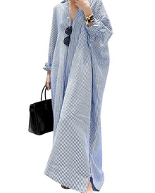 Lara Maxi Dress Chemise for Women – Striped Cotton Long Sleeves Buttoned