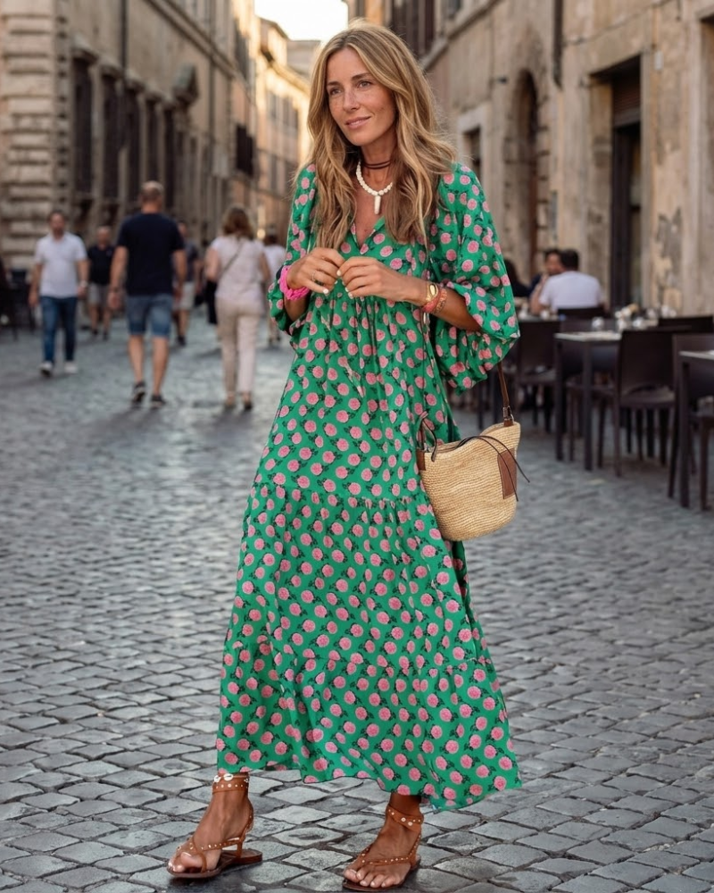 Amélie Women's Bohemian Maxi Dress – Long Flowing Dress with V-Neck and Geometric Print