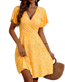 Faith Midi Summer Dress for Women – Wrap V-Neck with Ruffled Sleeves