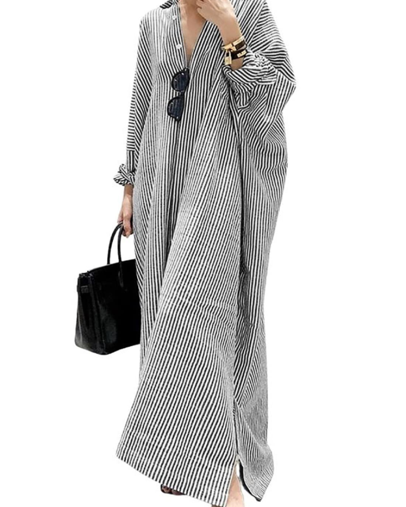 Lara Maxi Dress Chemise for Women – Striped Cotton Long Sleeves Buttoned