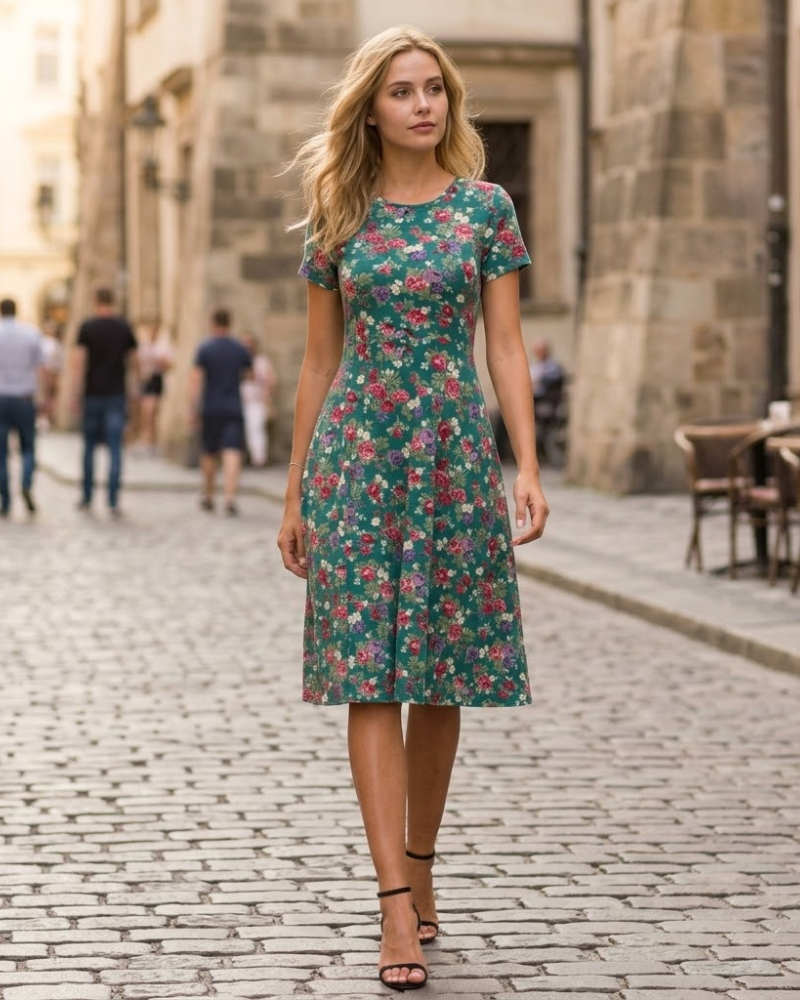 Léonie Women's Floral Midi Dress – Flared Dress with Short Sleeves and Round Neck for Summer