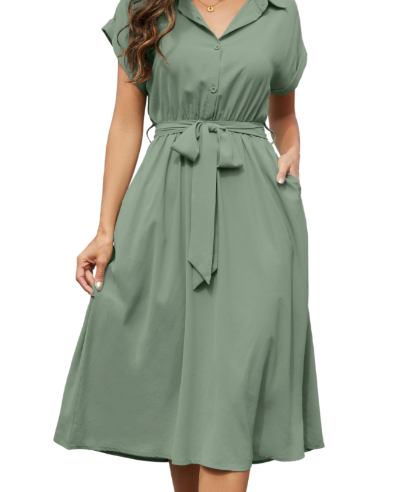 Cassidy Women's Dress – Midi V-Neck A-Line Dress with Short Sleeves & Pockets Summer