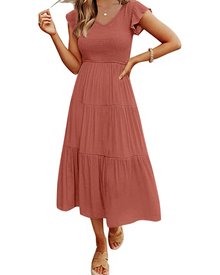 Skye Midi Dress for Women – V-Neck, Smocked, Flounced Sleeves & Pockets