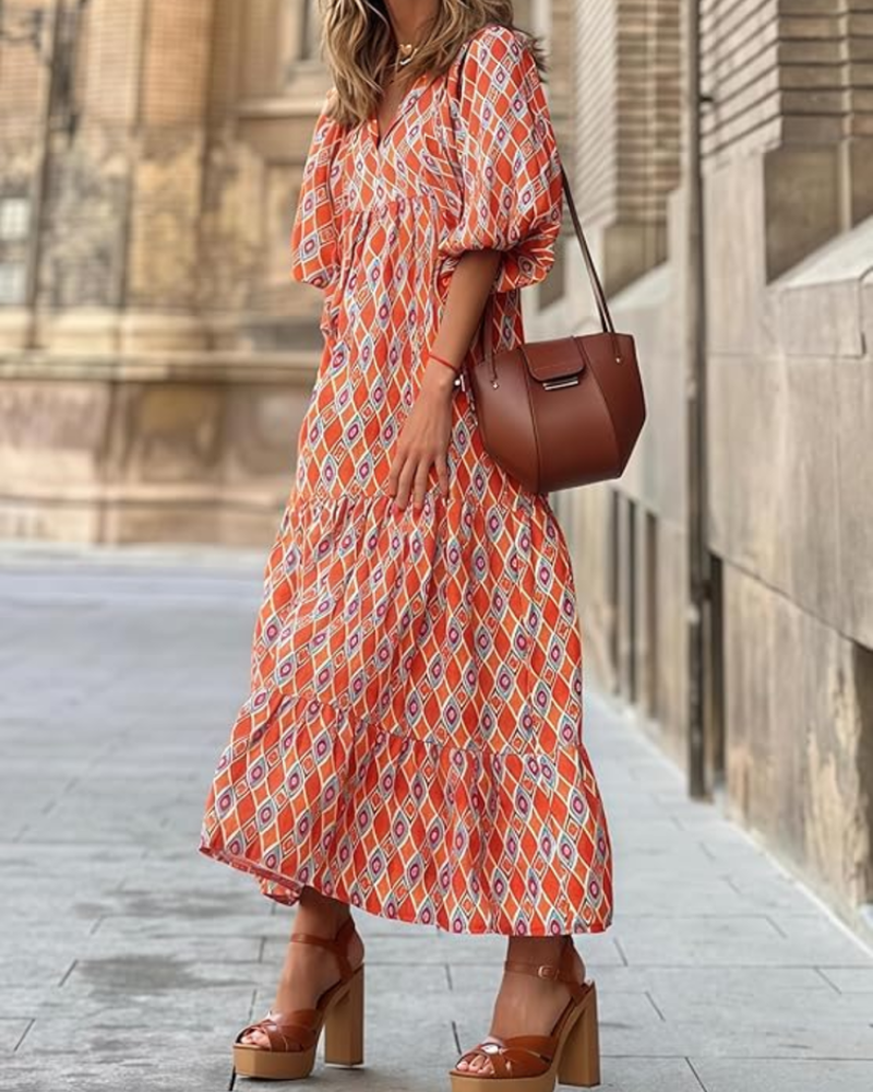 Rina Women's Boho Dress – Floral Print, V-Neck & Flowing Puff Sleeves Summer